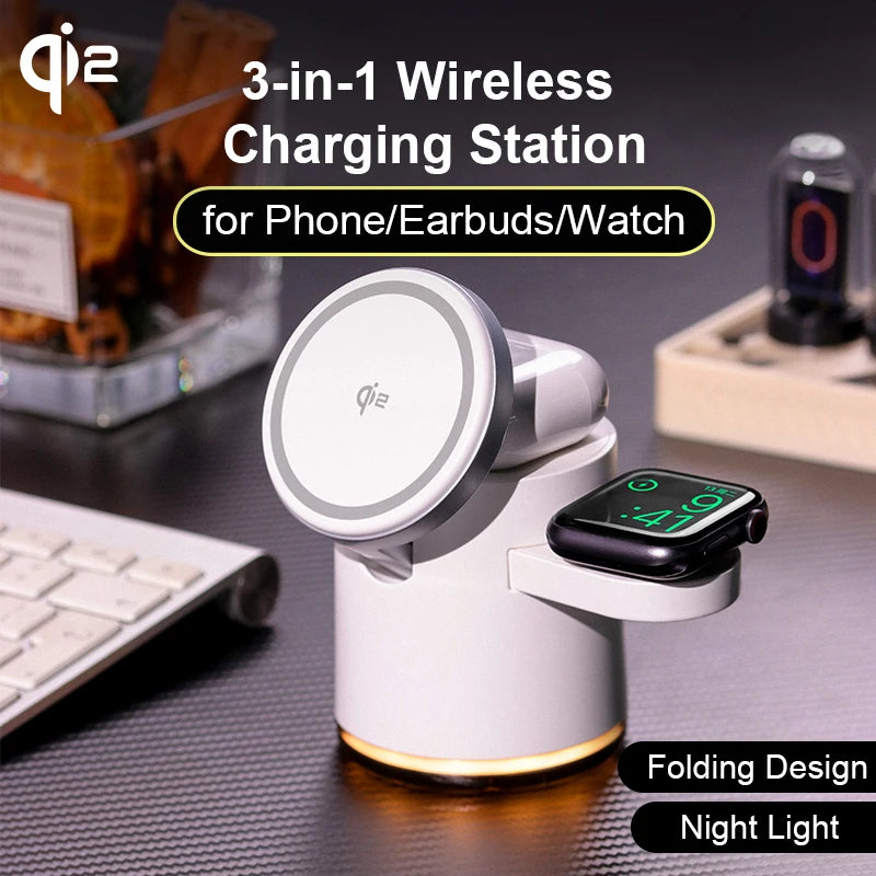 2025 New Qi2 Wireless Charger 3-in-1 Fast Charging Station Stand Folding Holder for iPhone 16 15 14 Pro Max Airpods Apple Watch